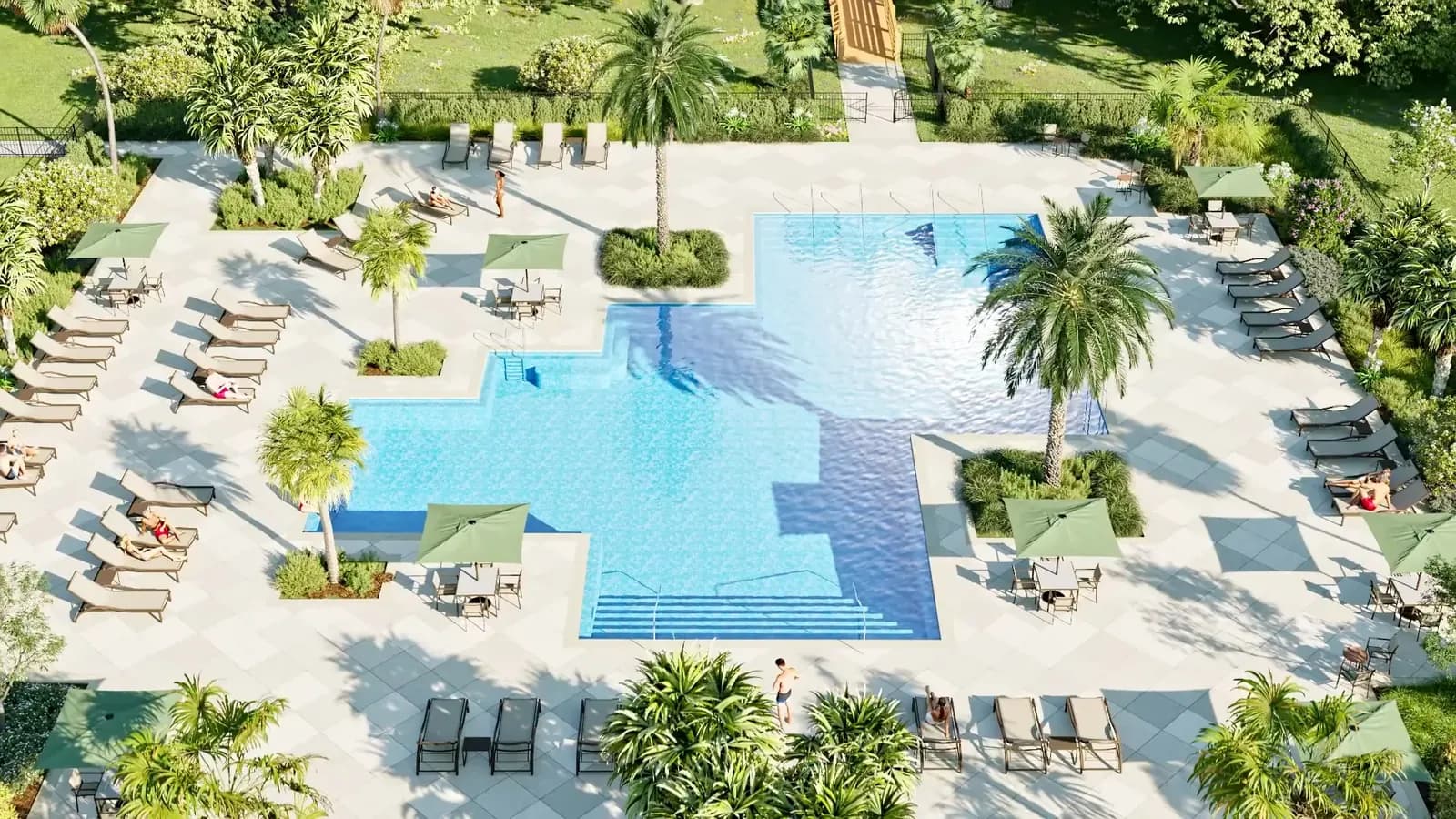 Render aéreo de la piscina y el centro de amenidades de The Glades at Crossprairie, representación artística