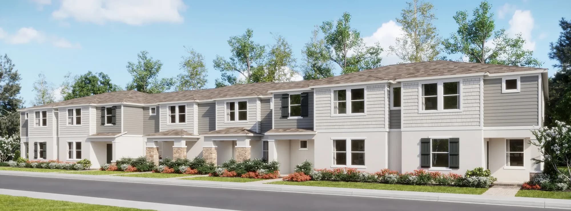 Render de calle de los Trail Townhomes en edificio de seis unidades, representación artística